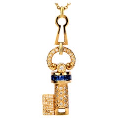 Estate Diamond Sapphire 18 Karat Gold Key Pendant