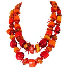 Marina J Pair of  Coral and Amber Beaded Necklaces with gold clasps