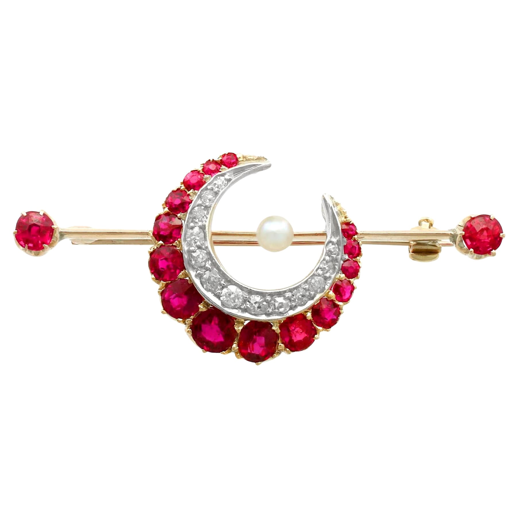 Antique Victorian 1890s Ruby Diamond Pearl Yellow Gold Crescent Bar Brooch For Sale
