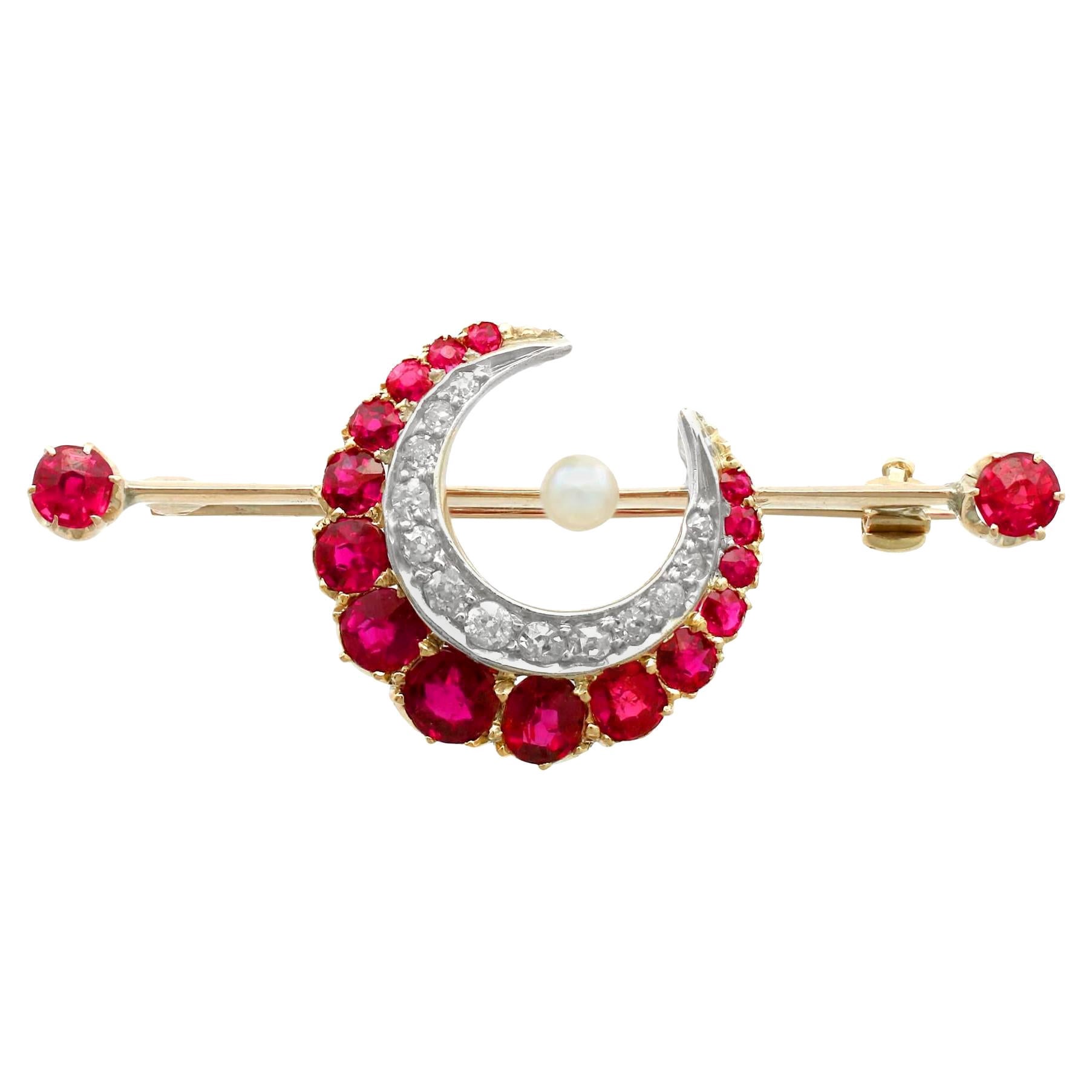 Victorian 1890s Ruby Diamond Pearl Yellow Gold Crescent Bar Brooch