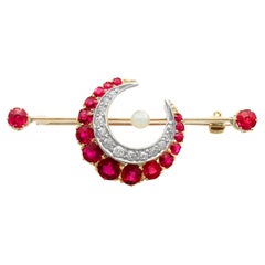Victorian 1890s Ruby Diamond Pearl Yellow Gold Crescent Bar Brooch