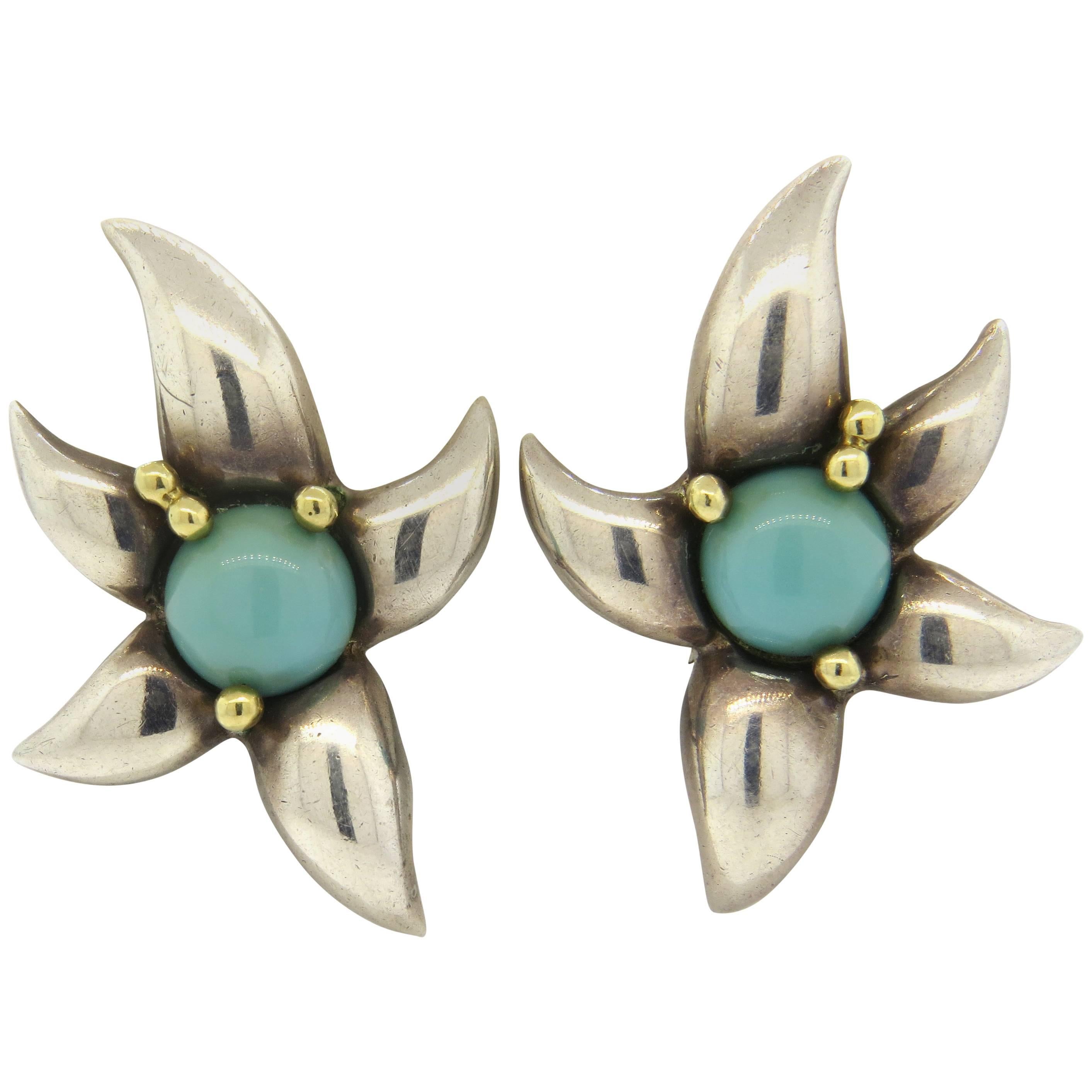 1990s Tiffany & Co. Large Turquoise Sterling Gold Earrings