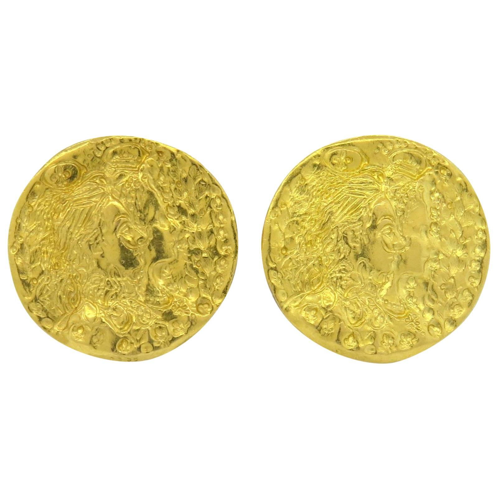 Rare Boucles d'oreilles Salvador Dali en or avec pièces de monnaie en forme de disque