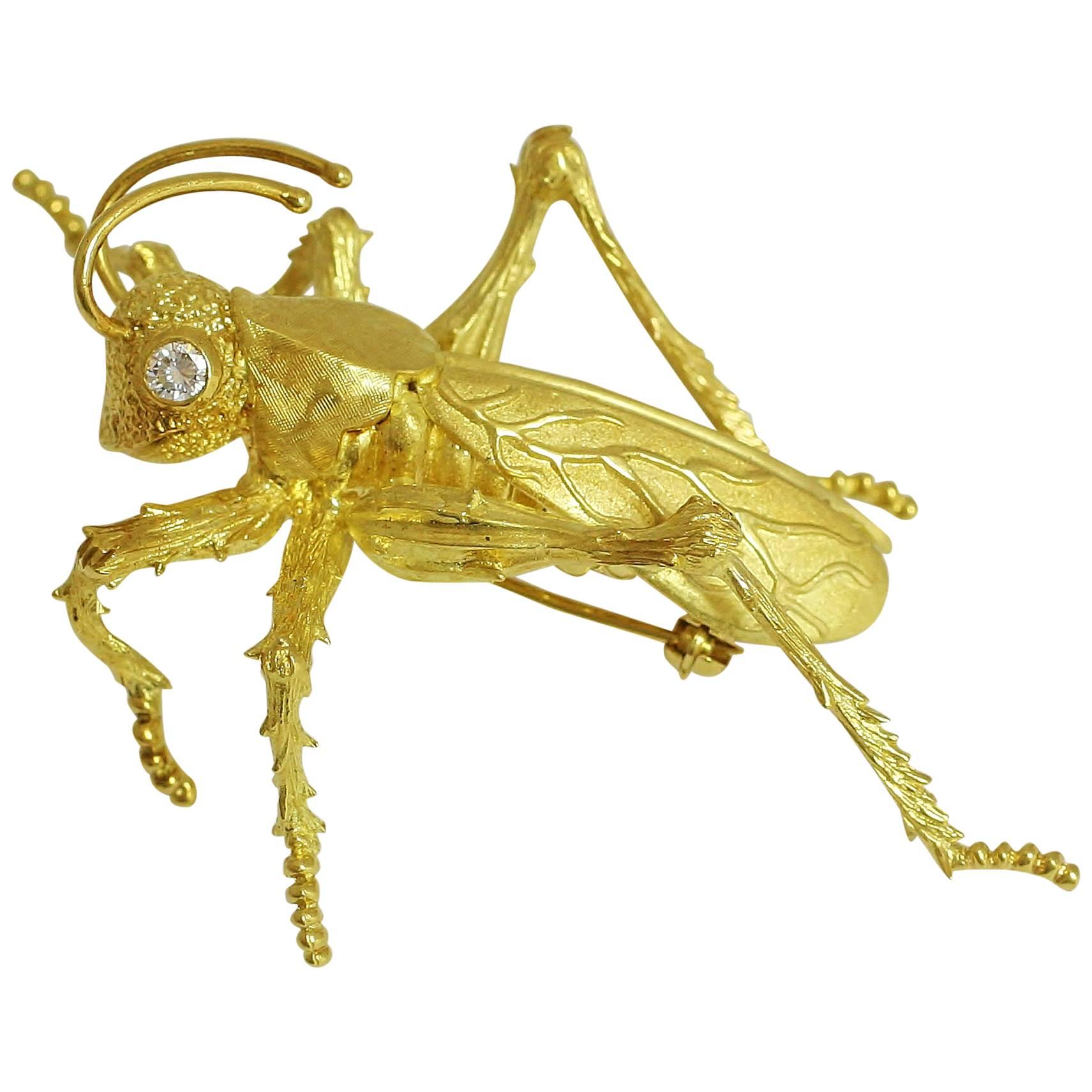 Kurt Wayne Grasshopper Diamond Gold Brooch For Sale