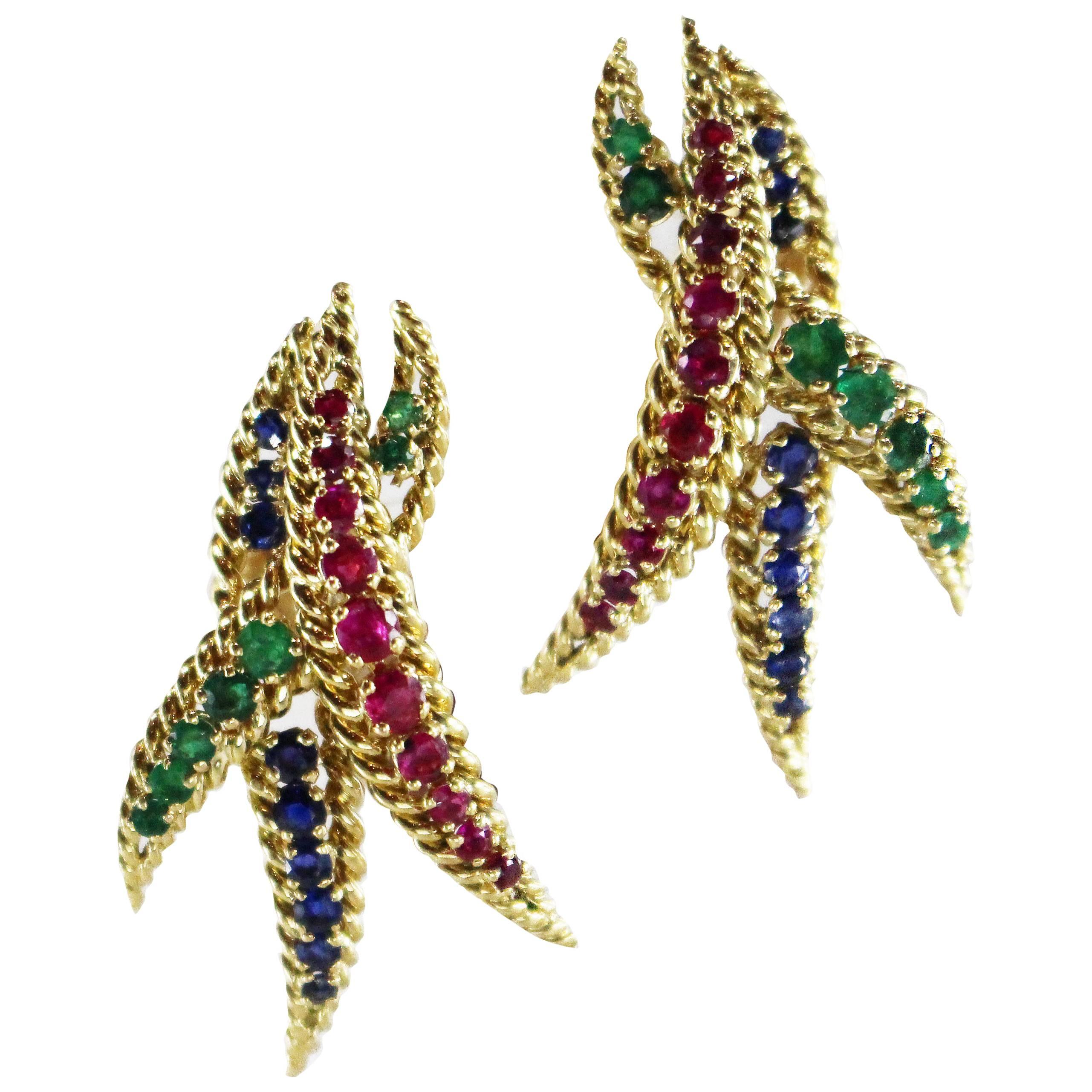 1980s Mauboussin Ruby, Sapphire and Emerald Ear Clips In Excellent Condition For Sale In Bay Harbor Islands, FL