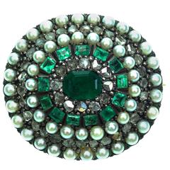 Georgian Emerald Pearl and Rose Cut Diamond Silver Over Gold Brooch Georgian Emerald Pearl and Rose Cut Diamond Silver Over Gold Brooch