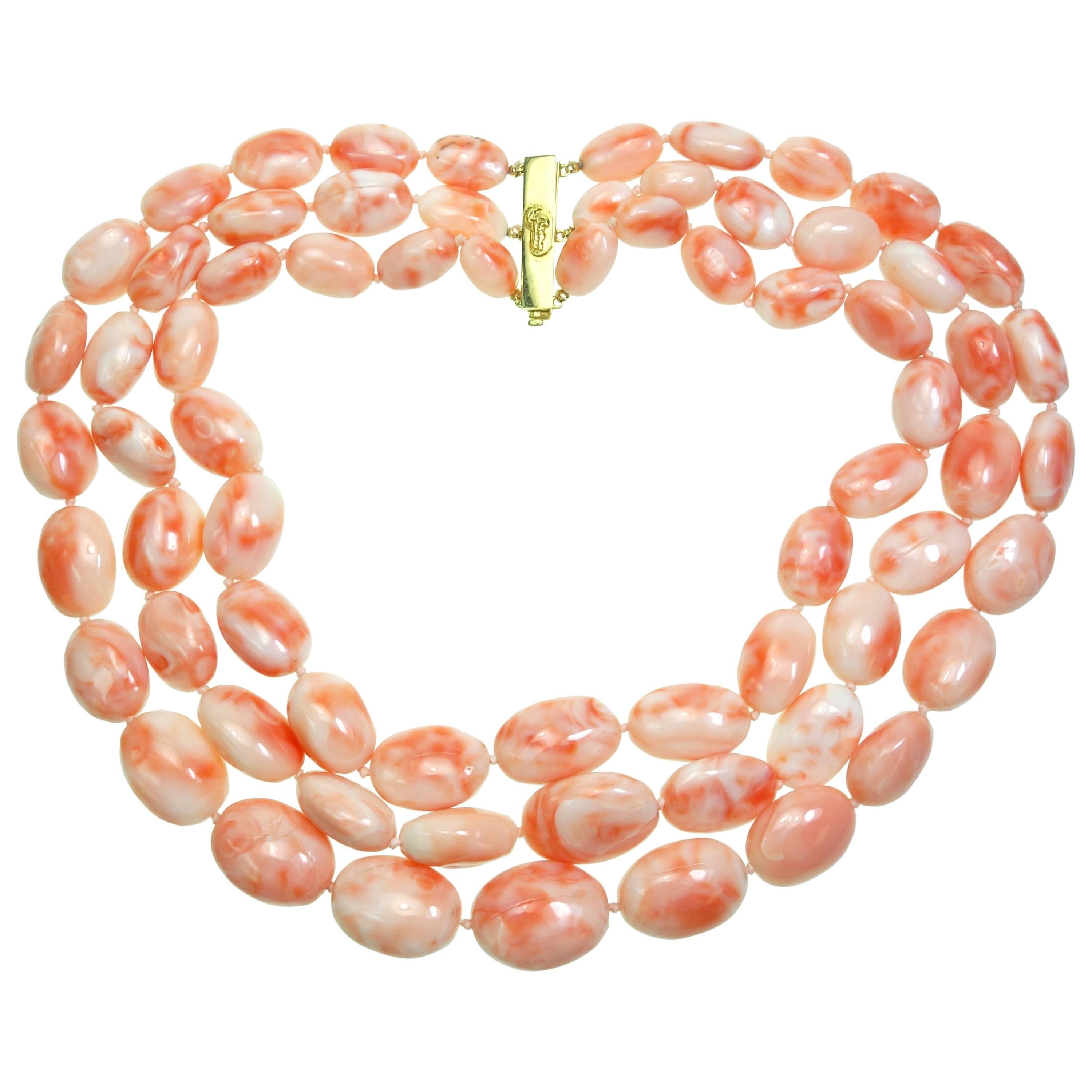 Cristina Ferrare Triple Strand Salmon Coral Beads Necklace For Sale
