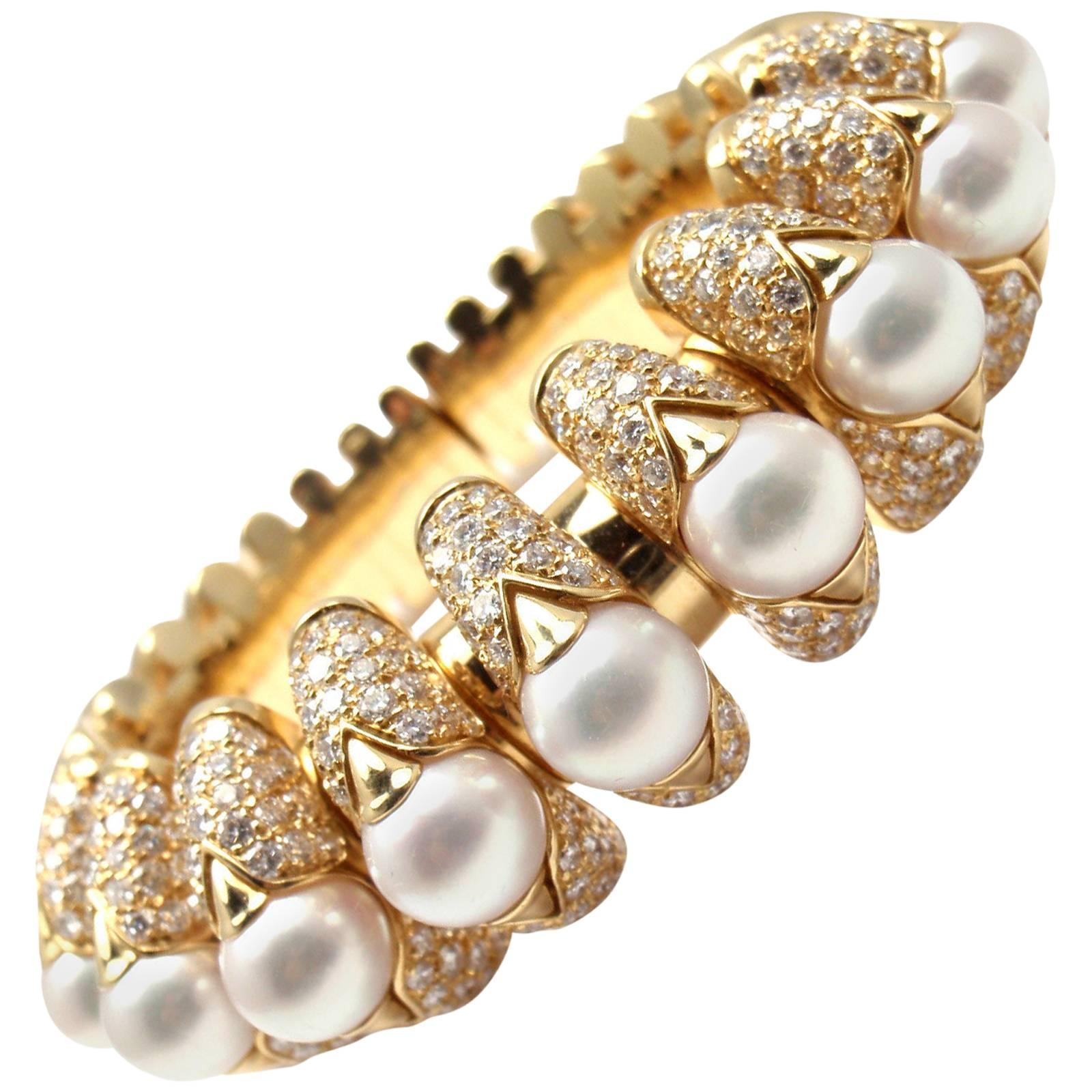 Bulgari Celtaura Diamond Pearl Gold Bangle Bracelet