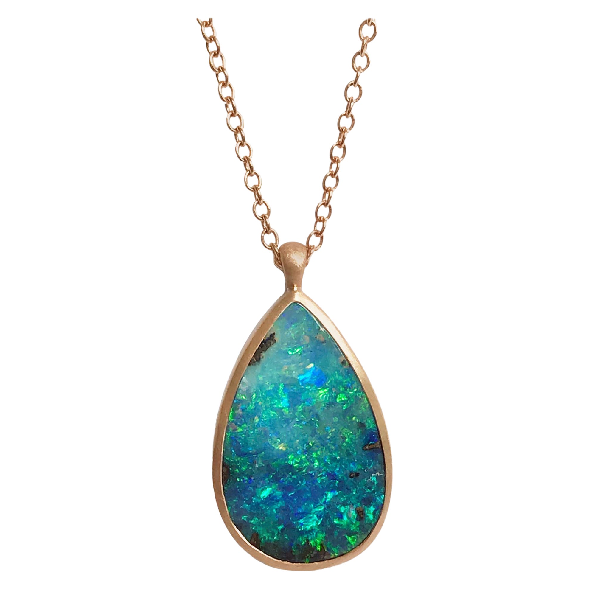 Dalben Design Drop Shape Australian Boulder Opal and Rose Gold Necklace For Sale
