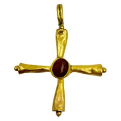 Ancient Byzantine Gold Cabochon Carnelian Double Sided Cross, 6-7th Century A.D.