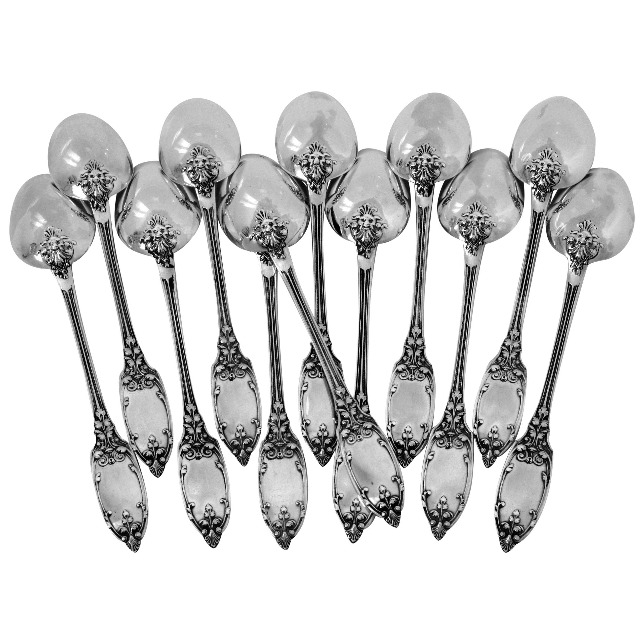Puiforcat French Sterling Silver Tea Spoons Set 12 pc original box Mascaron
