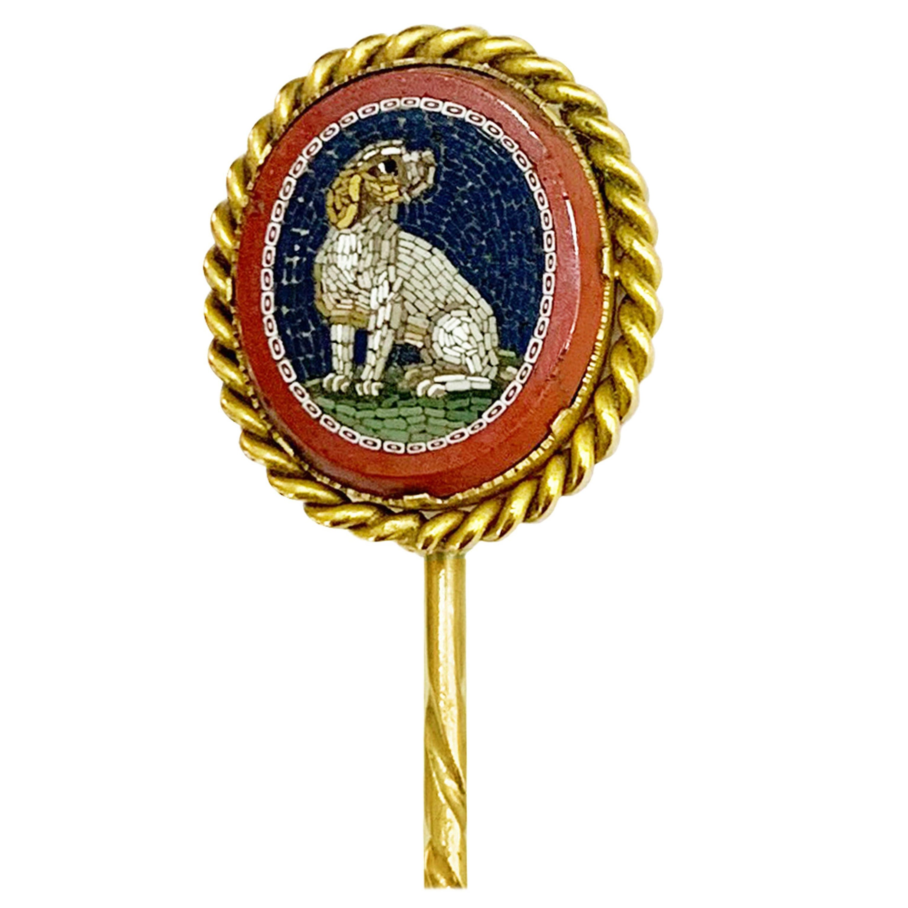 18 Karat Gold Micromosaic Stick Pin Depicting a Little Dog, Garrard & Co, London