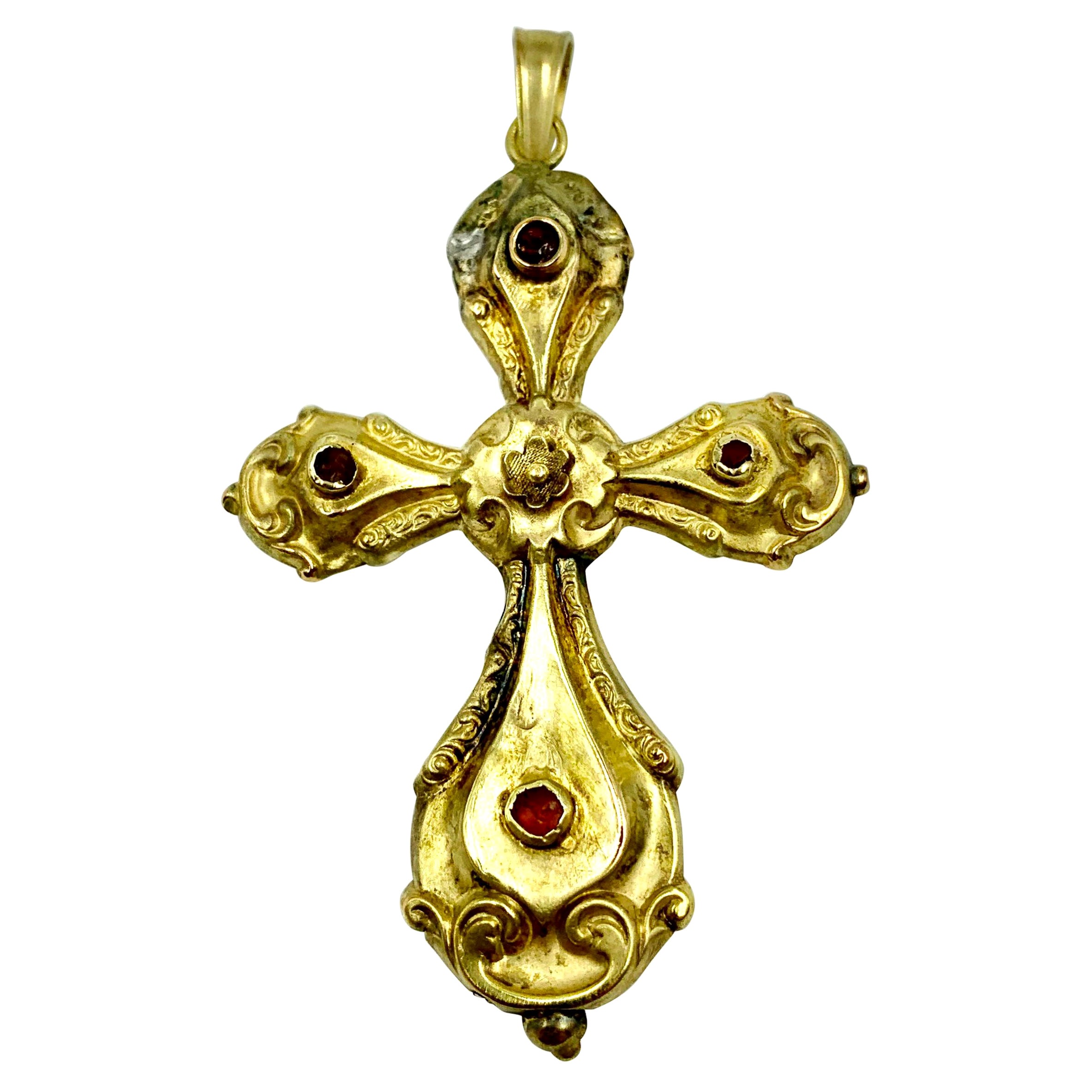 Rare Museum Quality 17th Century Baroque Gold, Cabochon Carnelian Rose Cross For Sale