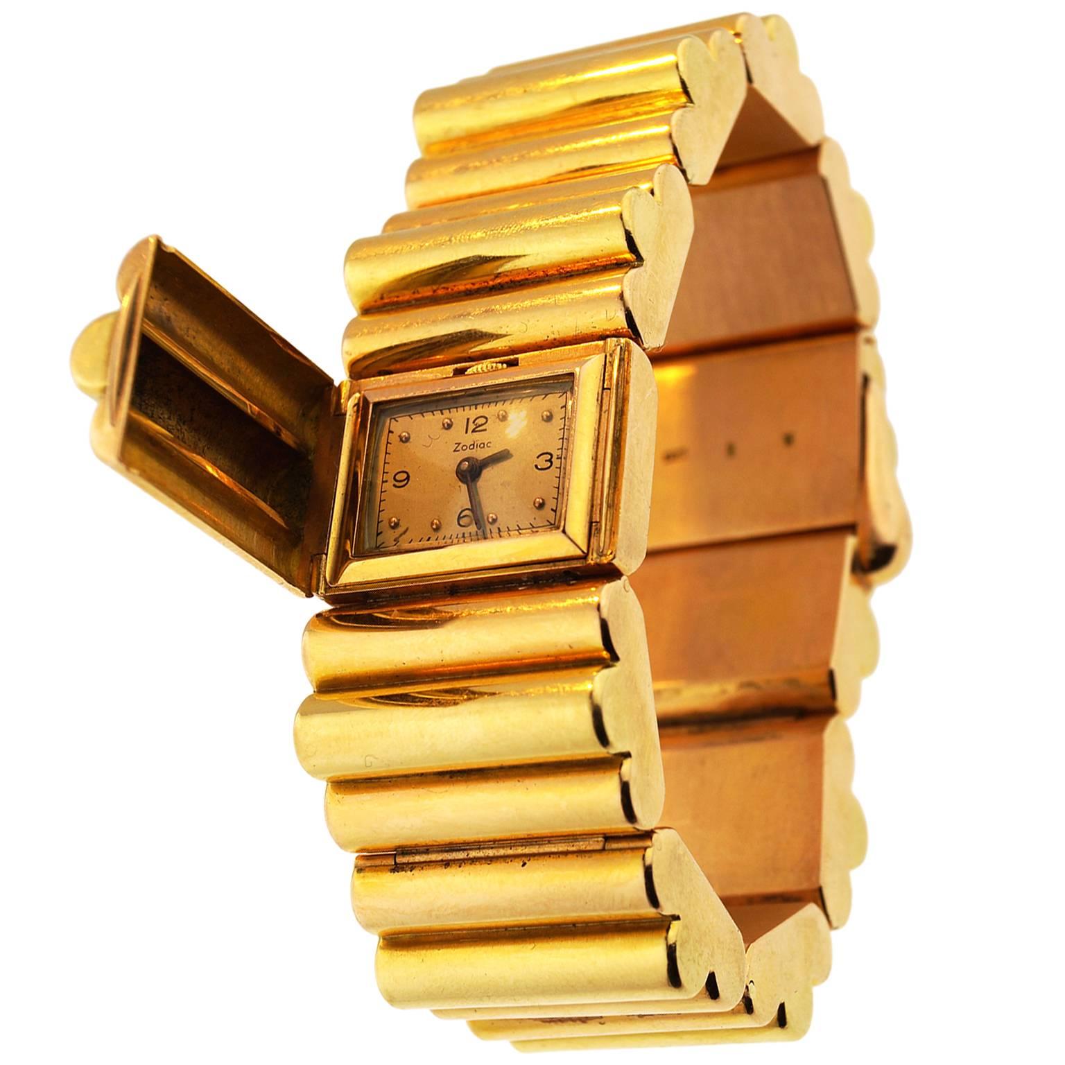 Zodiac Yellow Gold Tank Secret Bracelet Wristwatch For Sale