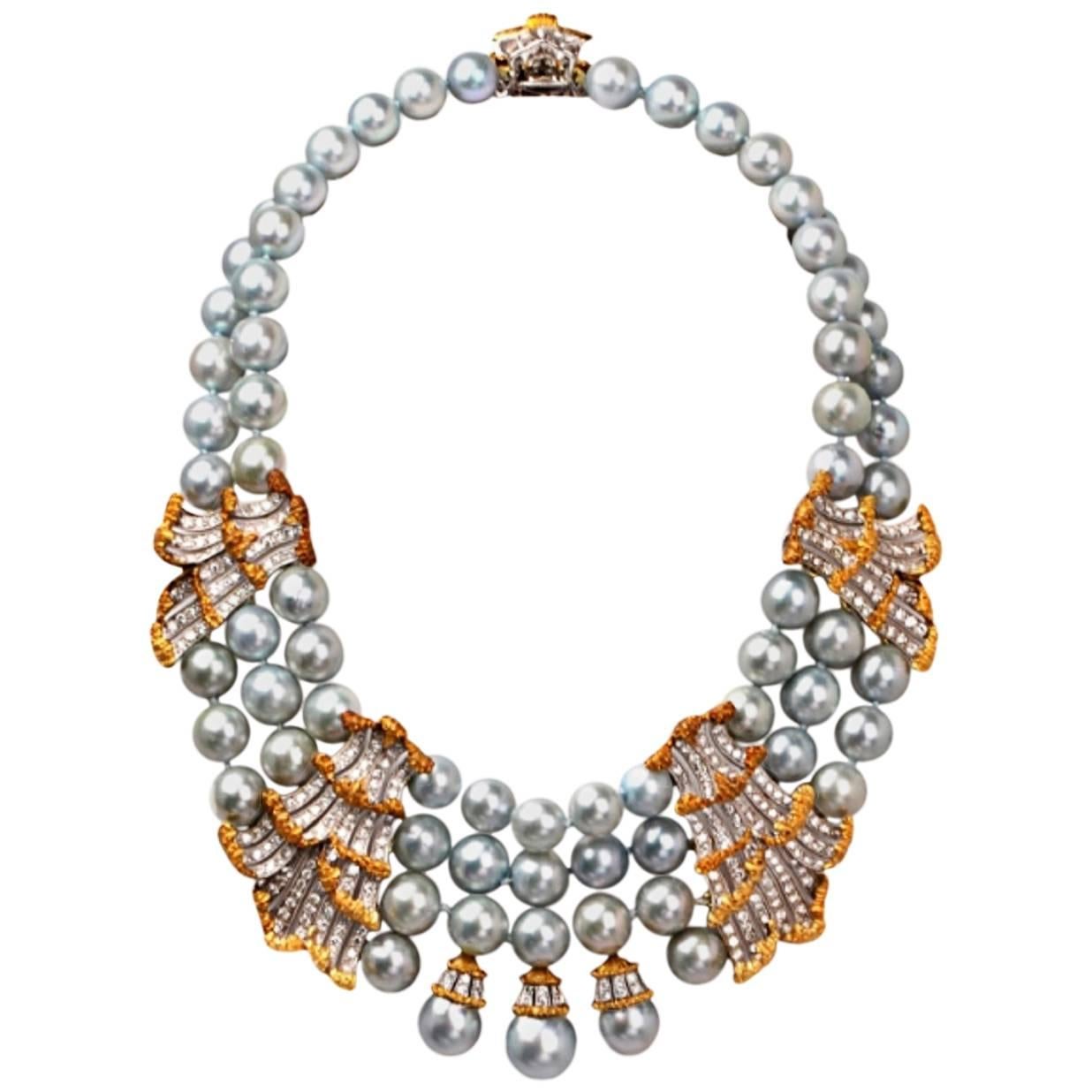 Mario Buccellati Collier ras du cou en or 18 carats avec perles et diamants