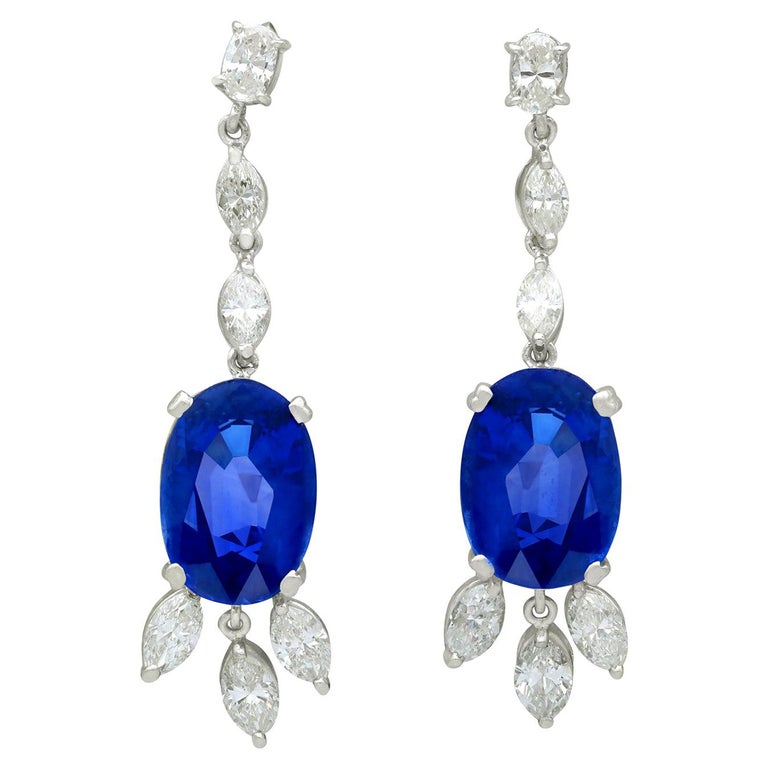 16.78 Carat Oval Cut Ceylon Sapphire and 4.26 Carat Diamond Drop Earrings For Sale