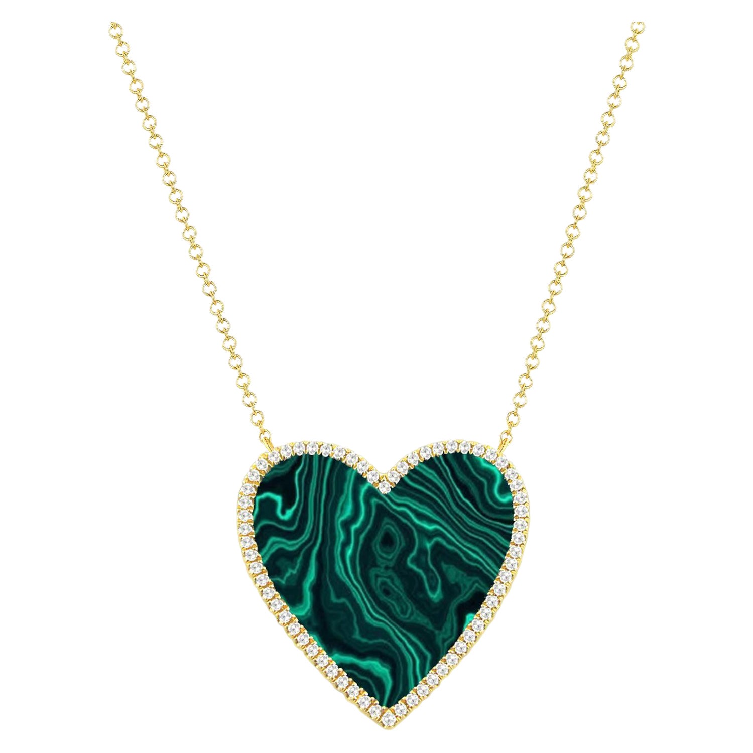 14 Karat Yellow Gold 0.15 Carat Diamond & Malachite Heart Pendant Necklace For Sale