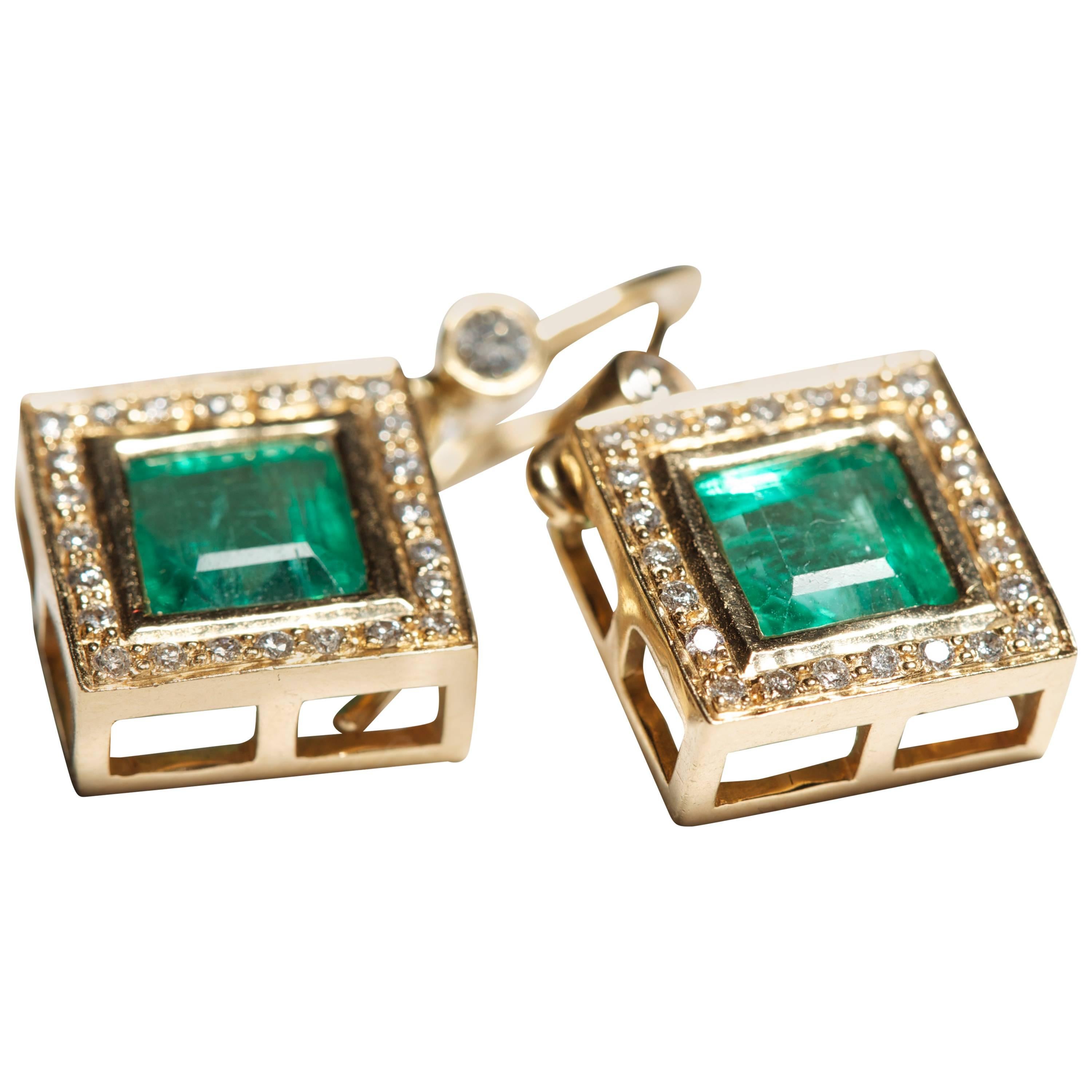 Sacred Shape Emerald and Diamond Earrings For Sale