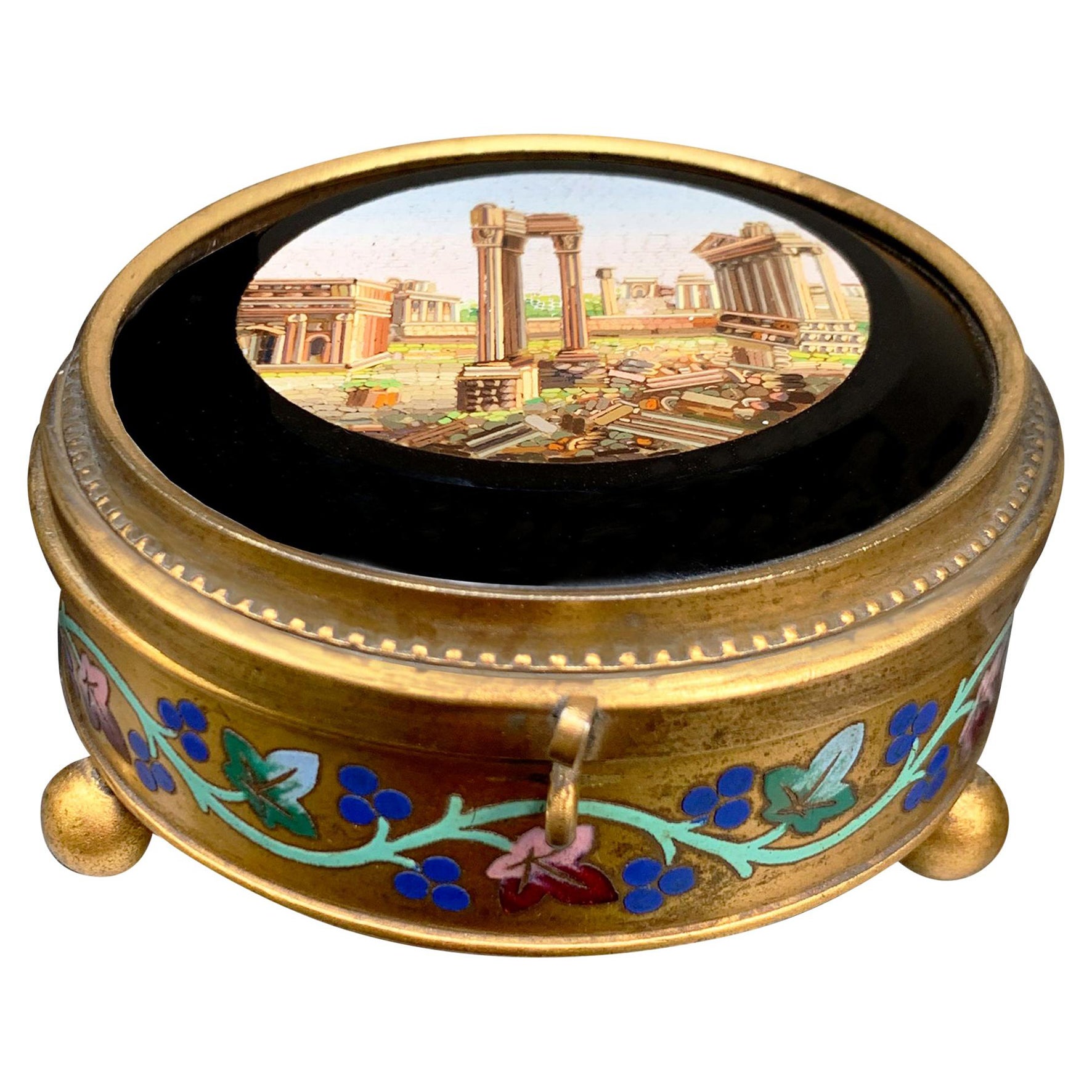Roman Forum Micromosaic 'circa 1850' Set in a 24 Karat Gilded Bronze Box For Sale