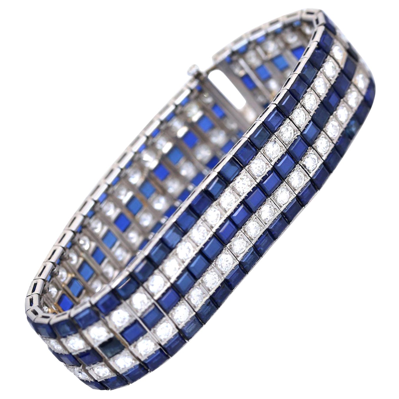 Art Deco 30 Carat Sapphires 10 Carat Diamonds Platinum Tennis Bracelet, 1920 For Sale