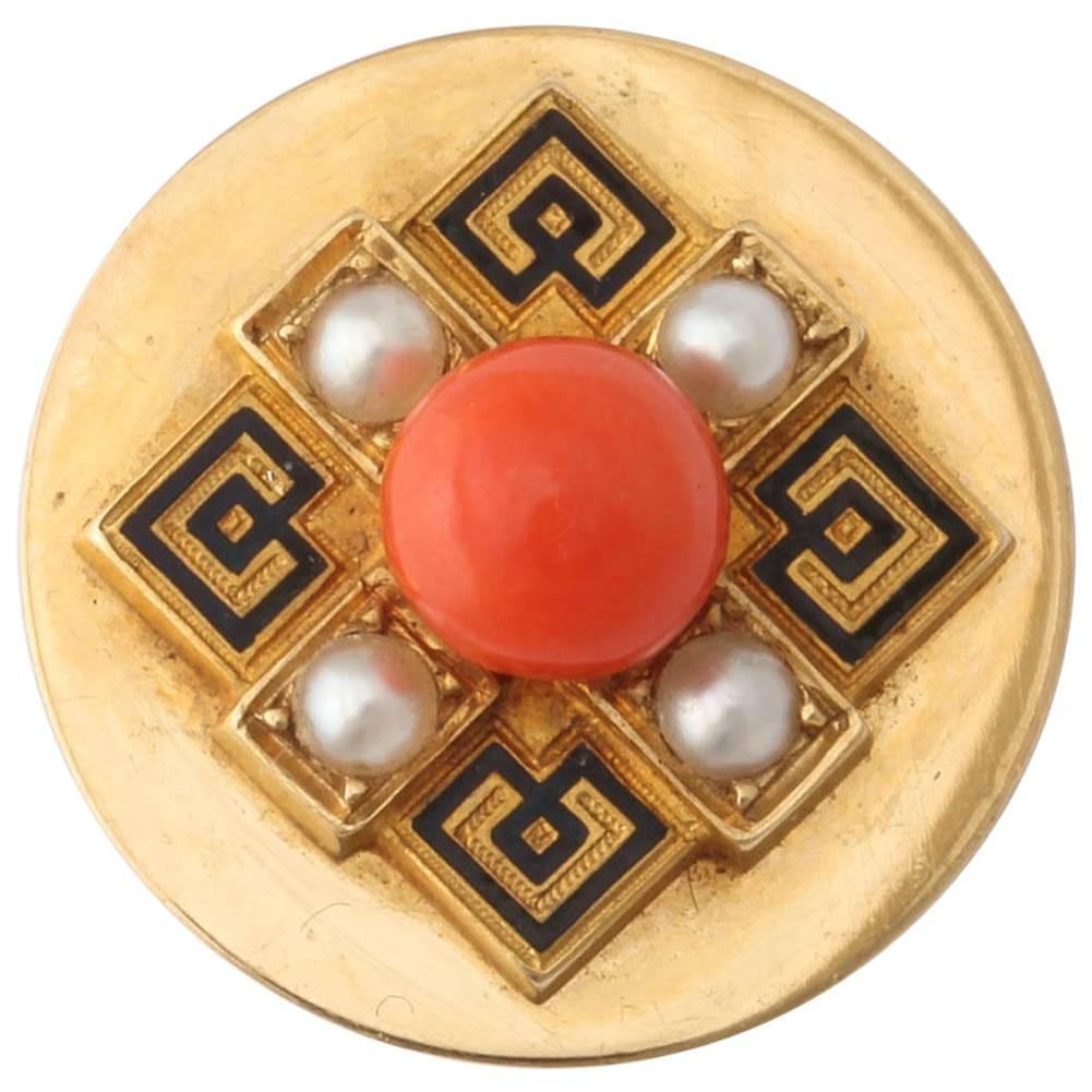 1925 French Coral Pearl Enameled Gold Tie Pin