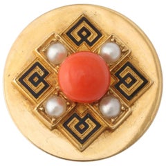 Antique 1925 French Coral Pearl Enameled Gold Tie Pin