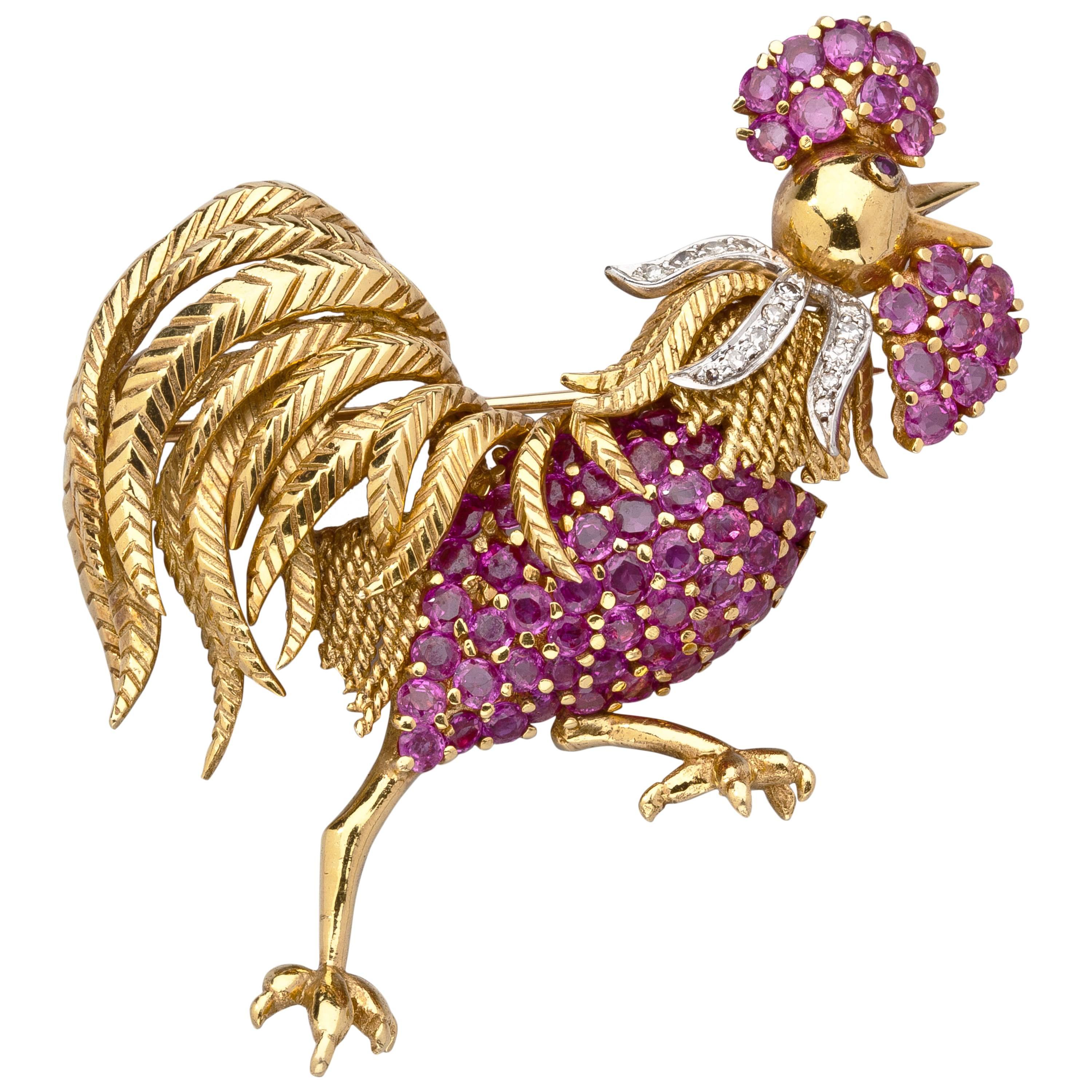 1960s Tiffany & co. ruby diamond Gold Rooster Brooch For Sale