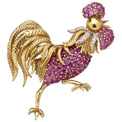 Vintage 1960s Tiffany & co. ruby diamond Gold Rooster Brooch