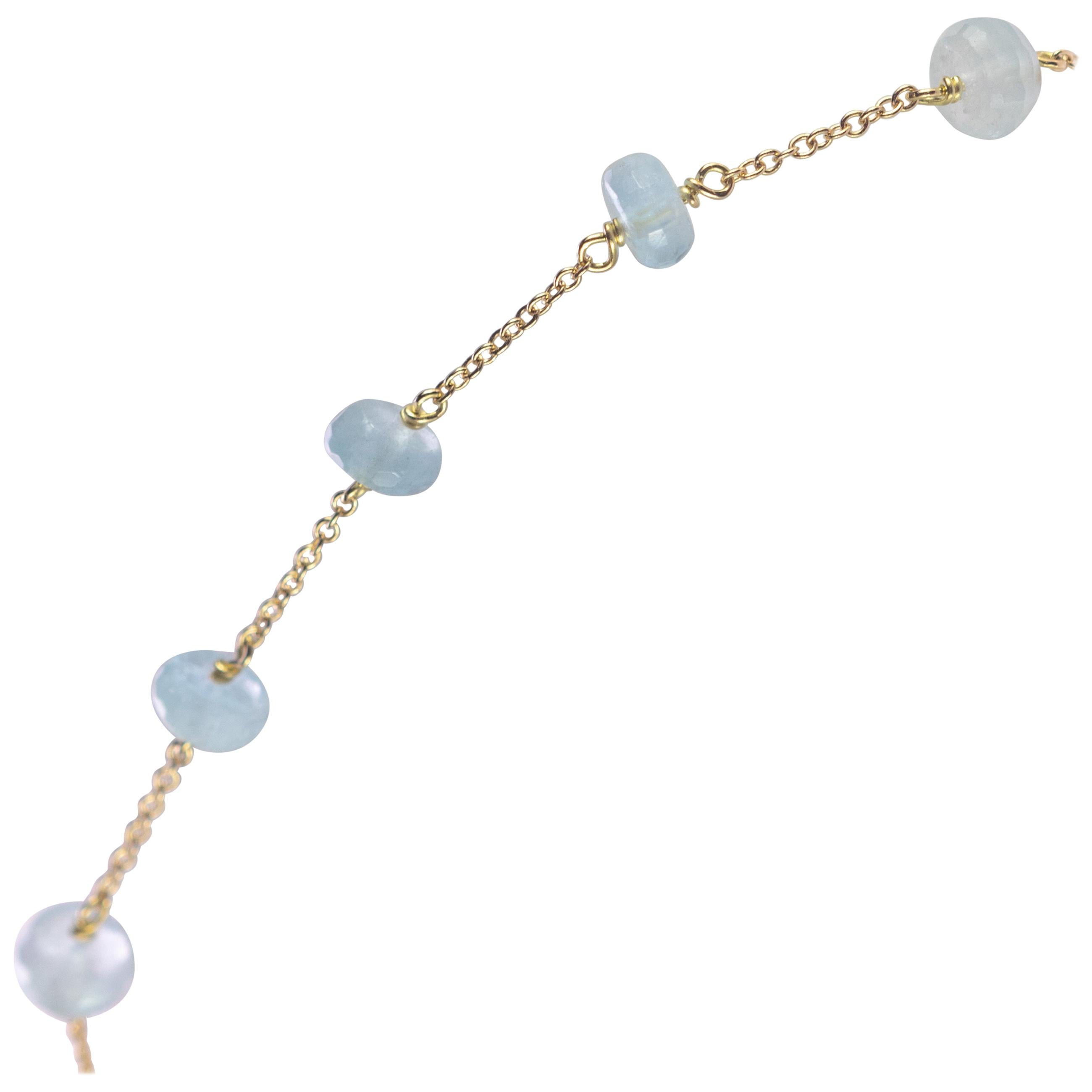 Intini Jewels 18 Karat Yellow Gold Chain Aquamarine Rondelles Handmade Bracelet For Sale
