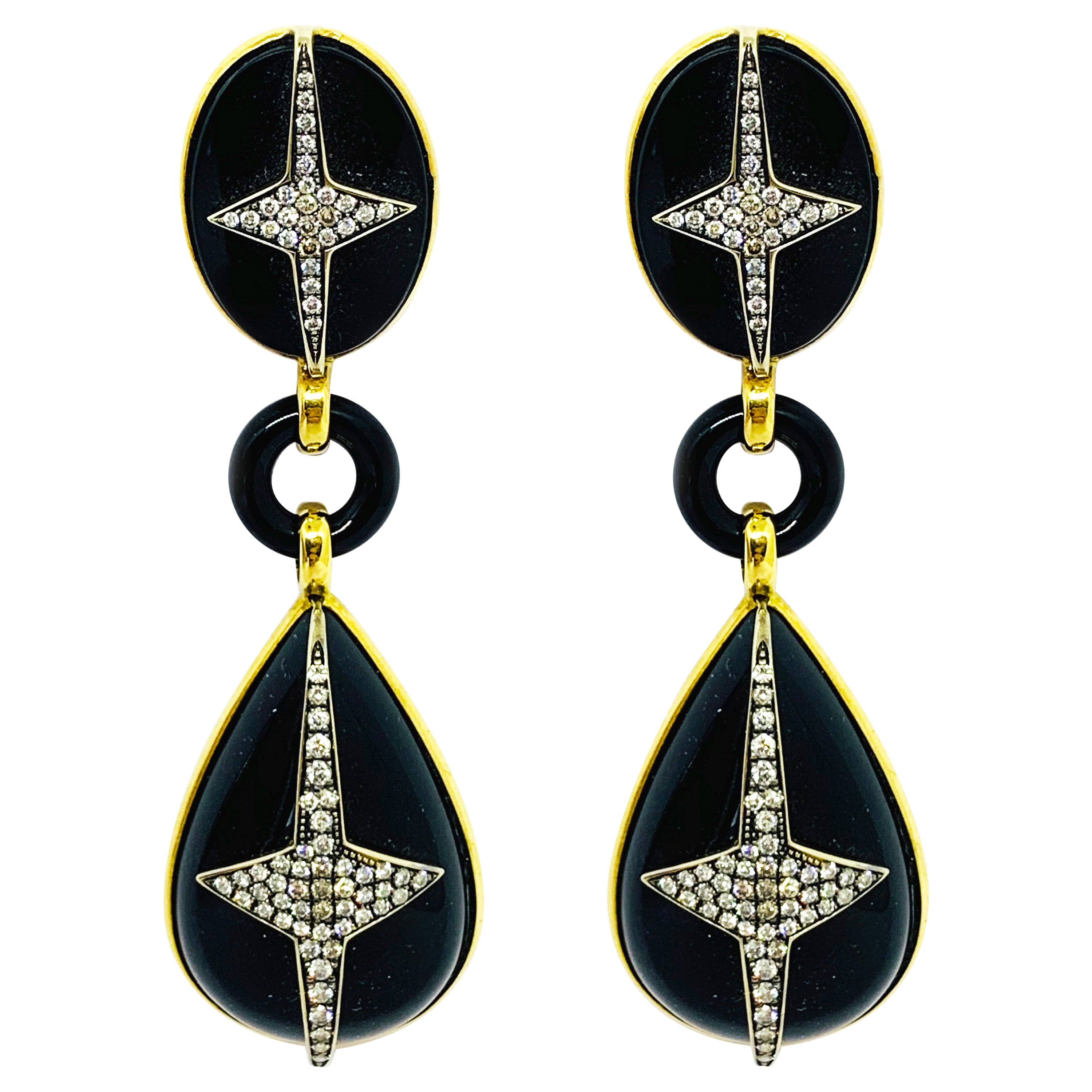 Onyx Diamond Gold Dangle Earrings For Sale at 1stDibs