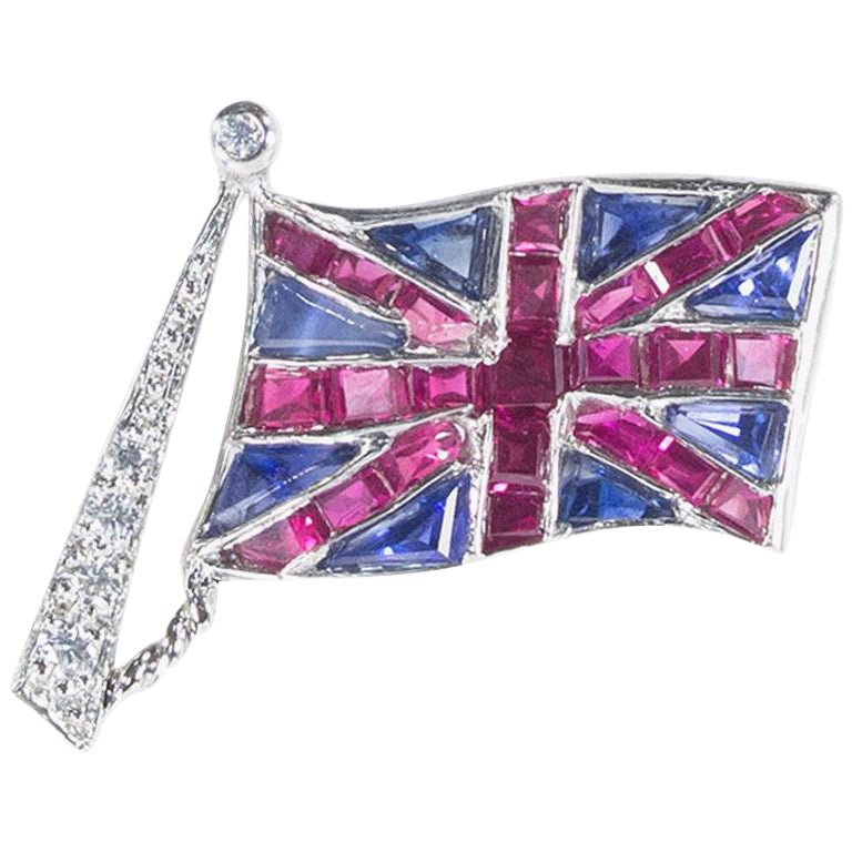 Oscar Heyman Platinum Union Jack Diamond, Sapphire, and Ruby Lapel Pin