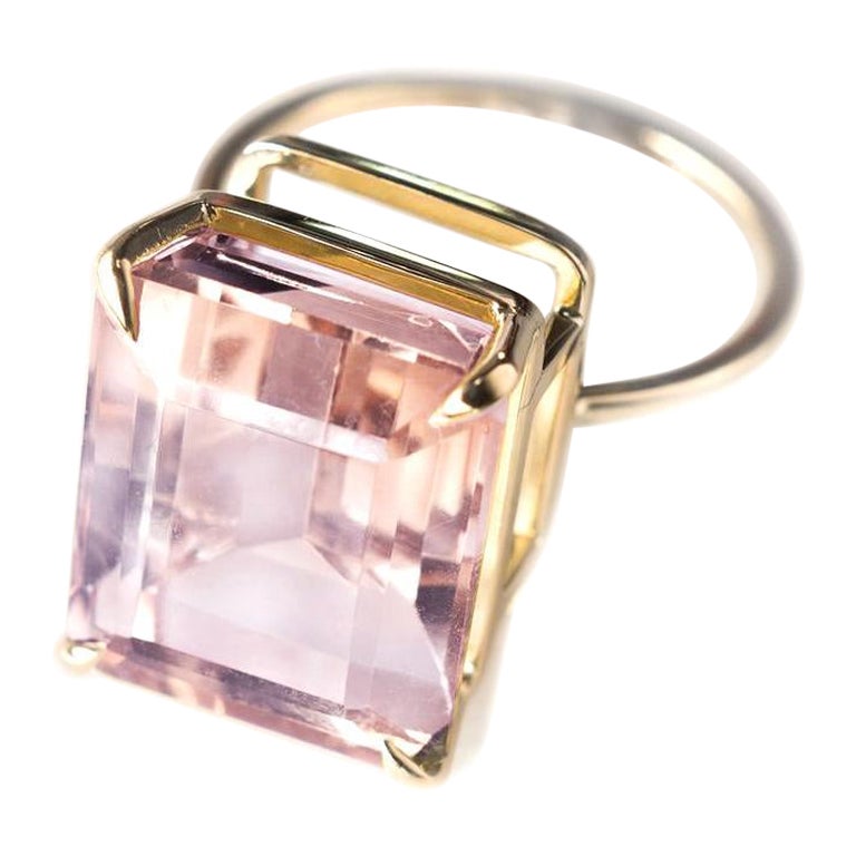 Eighteen Karat Yellow Gold Ring with Emerald Cut Morganite For Sale