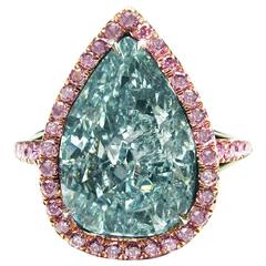 5.42 Carat Natural Fancy Greenish Blue Pear Shaped Diamond Gold Platinum Ring 3