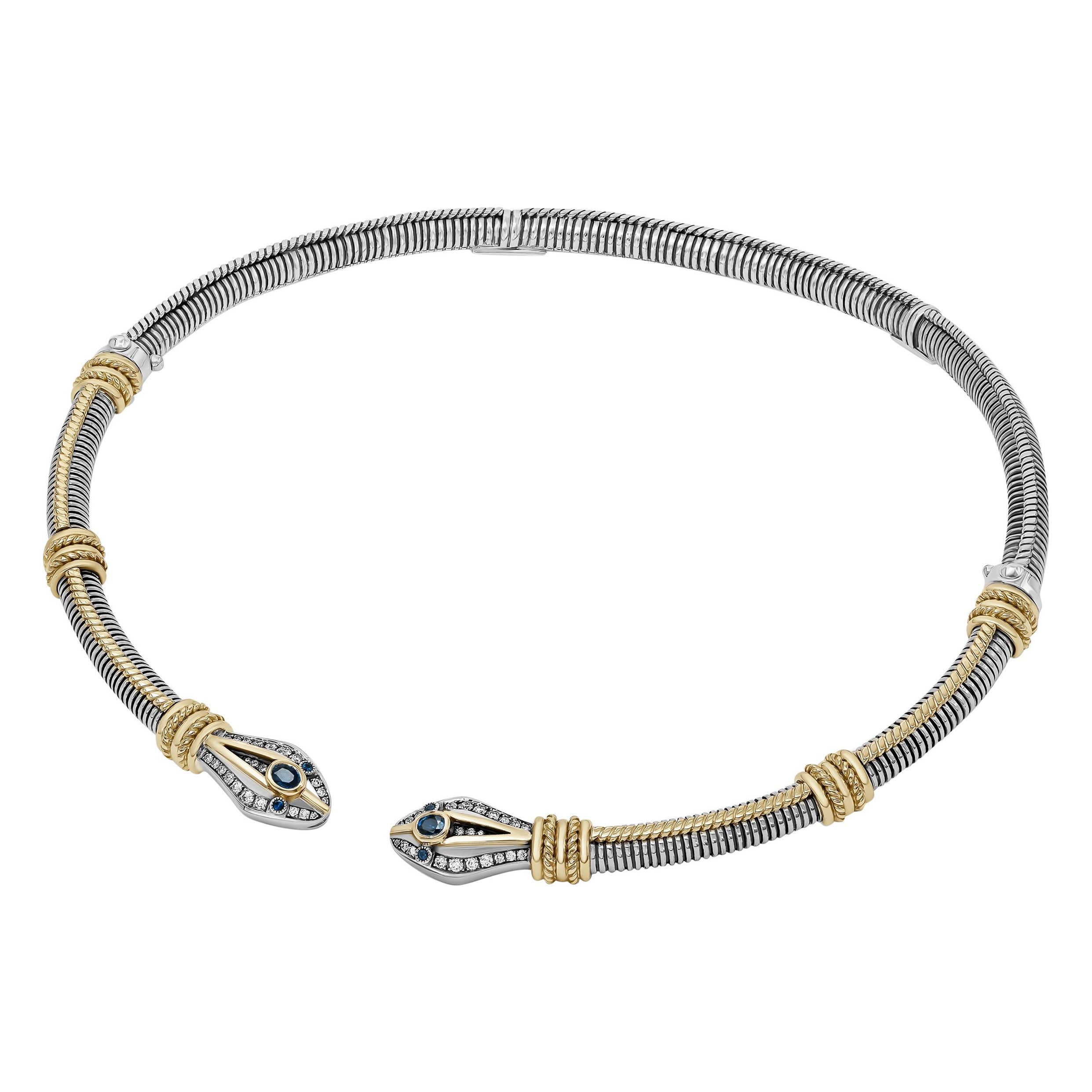 18 Karat Gold, Sterling Silver, Sapphire & Diamond Snake Choker Necklace
