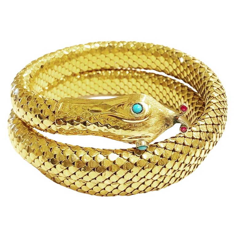 1950s, 18k Yellow Gold Snake Serpent Flexible Bangle Bracelet For Sale at  1stDibs