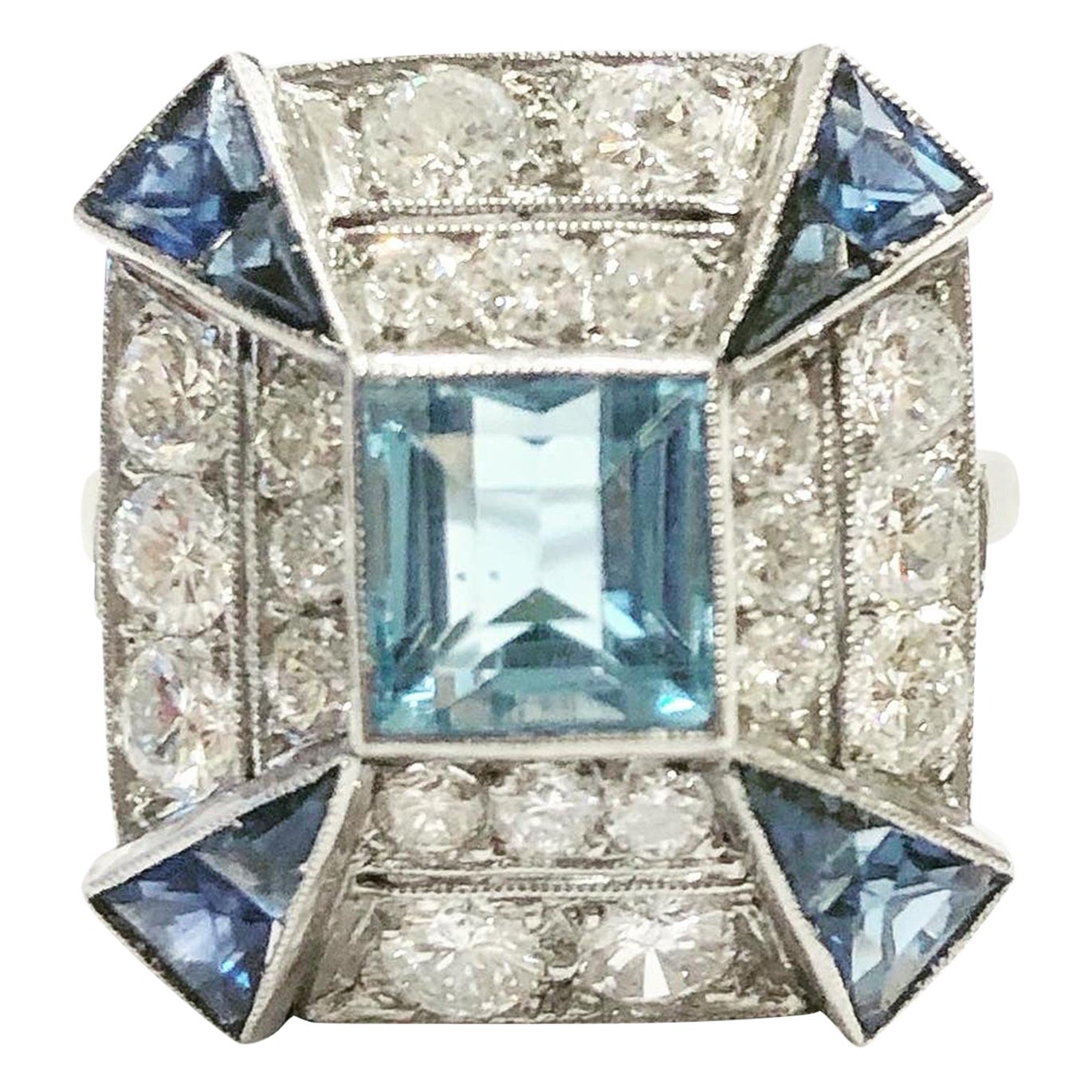 1930s Art Deco Platinum, Aquamarine, 1.4ct Diamonds and Sapphire Cocktail Ring