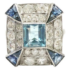 1930s Art Deco Platinum, Aquamarine, 1.4ct Diamonds and Sapphire Cocktail Ring