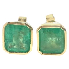 6.20 Carat Natural Emerald Stud Earrings 18 Karat Yellow Gold