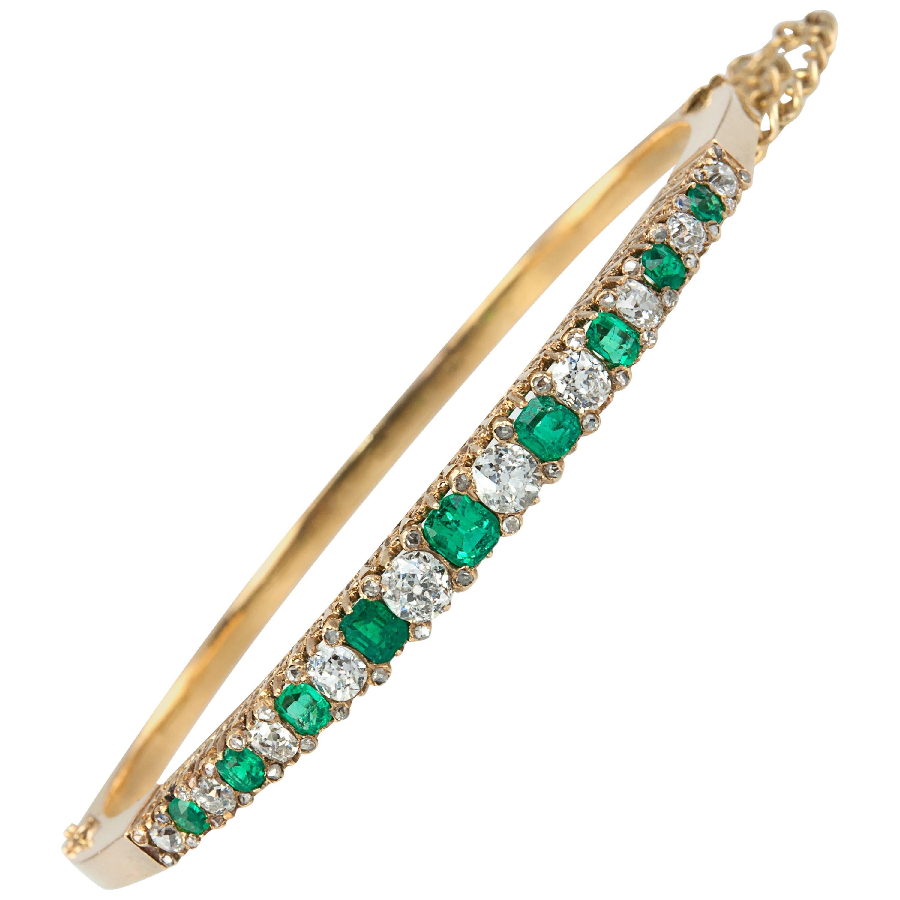 Victorian Emerald Diamond Gold Bangle Bracelet For Sale