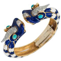 Enamel Turquoise Diamond Double Dragon Gold Bracelet 