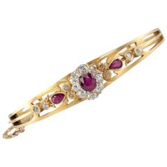 Victorian Burma Ruby Diamond Cluster Gold Bangle Bracelet 6