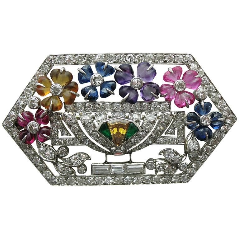 LaCloche Art Deco Multi Gem Diamond Platinum Pin Brooch For Sale at 1stdibs