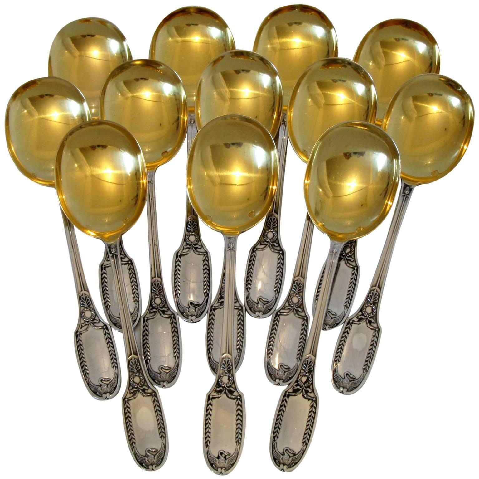 PUIFORCAT French Sterling Silver Vermeil Ice Cream Spoons Set 12 pc Swans For Sale