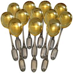 PUIFORCAT French Sterling Silver Vermeil Ice Cream Spoons Set 12 pc Swans