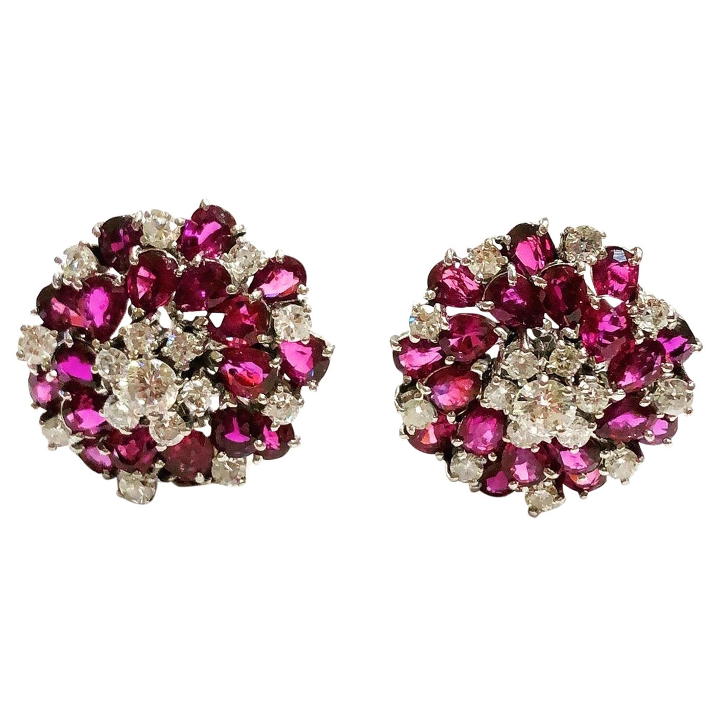 1950s 2.4 Carat Diamonds, Rubys 18k White Gold Omega Clipon Earrings