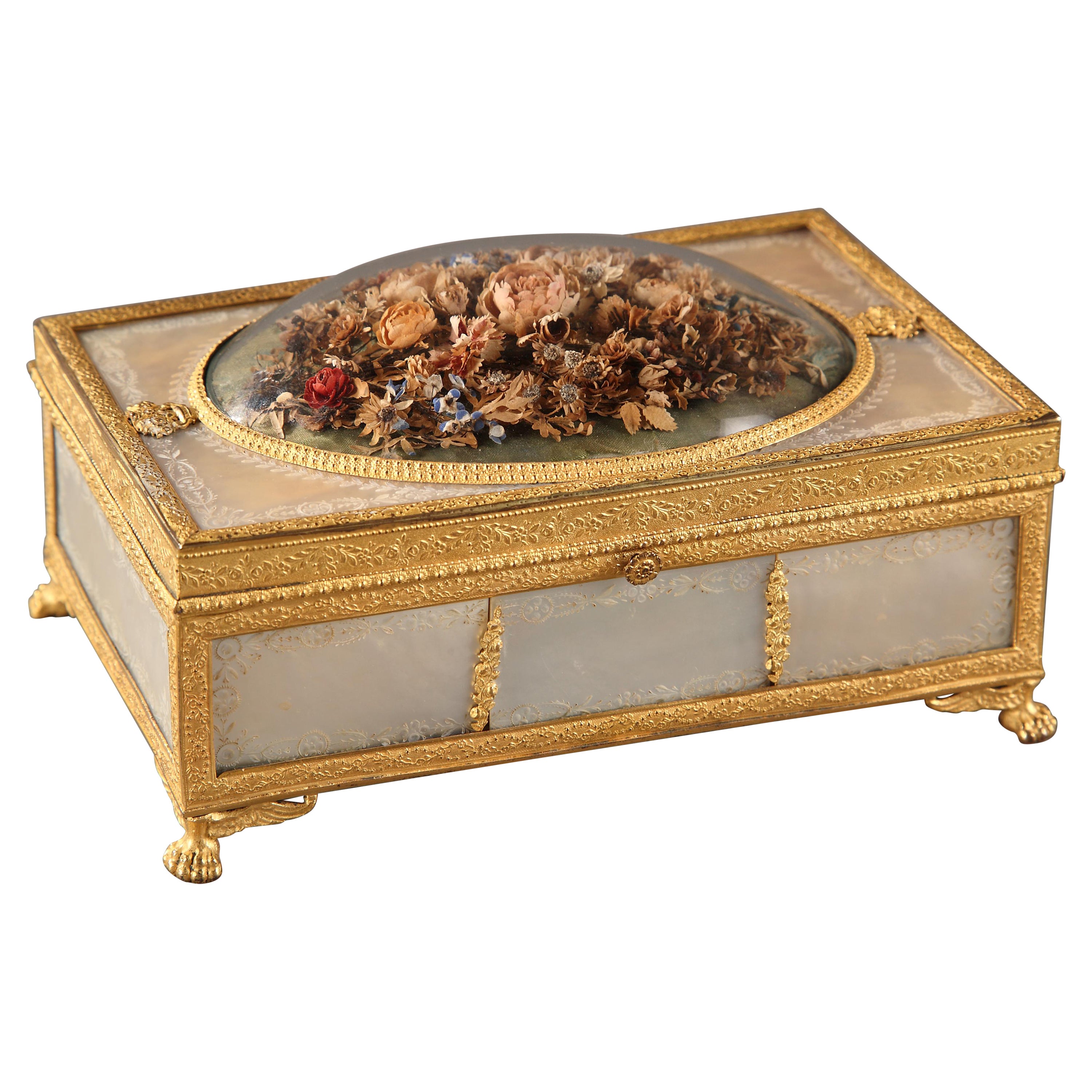 Charles X gilt bronze and mother of pearl box with flowers For Sale