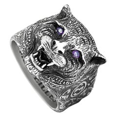 Gucci Garden Silver and Purple Zircon Feline Motif Ring