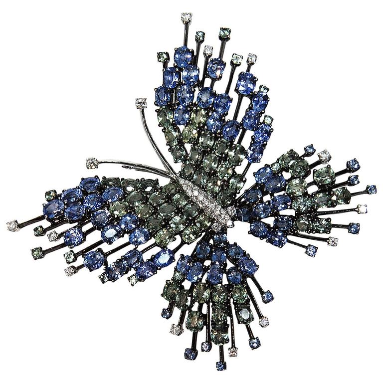 Sapphire Diamond Gold Butterfly Brooch Pin For Sale