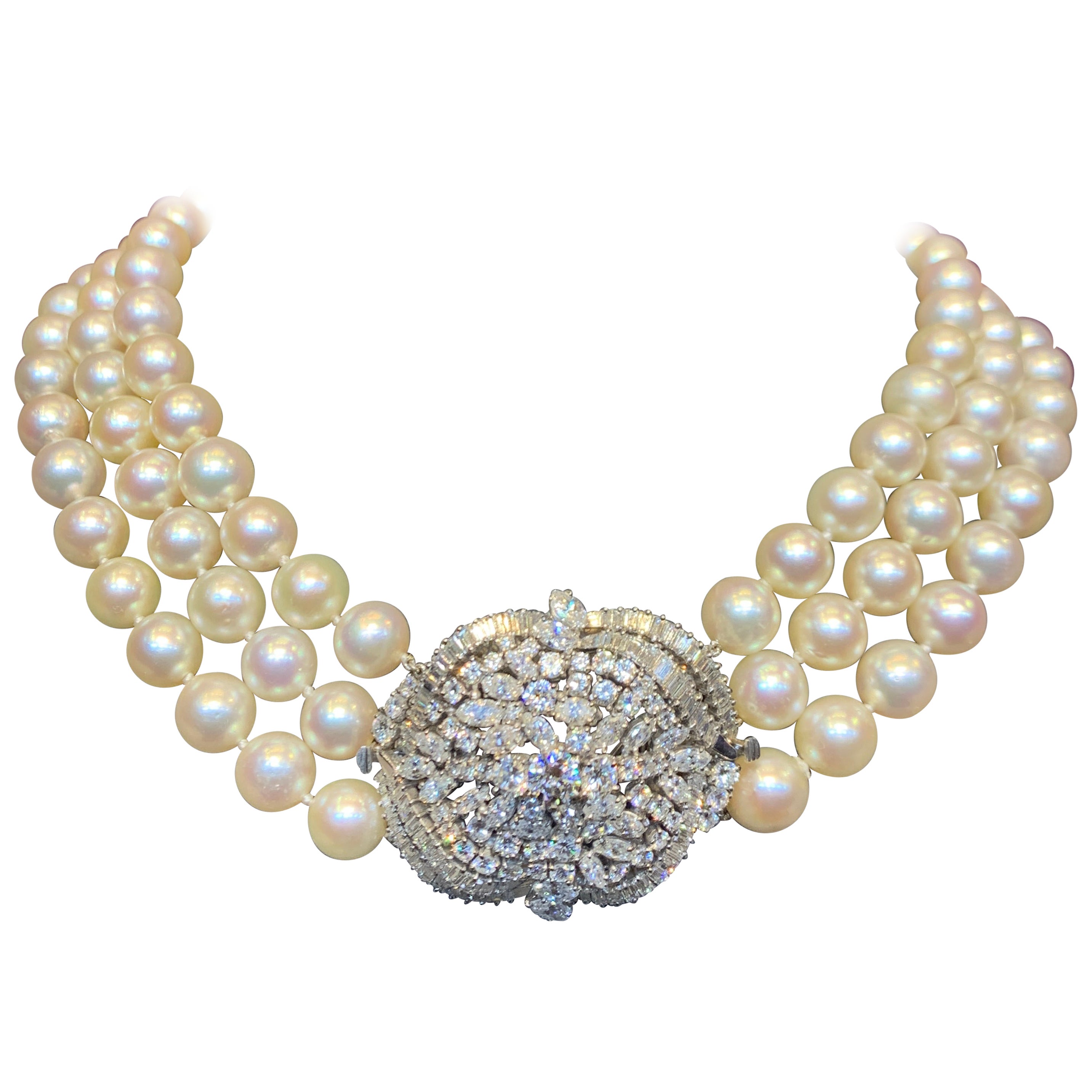ThreeStrand Pearl and Diamond Necklace For Sale at 1stDibs