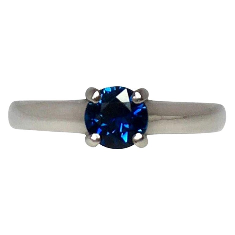 Fine Deep Blue Natural Sapphire Platinum Round Cut Solitaire Ring